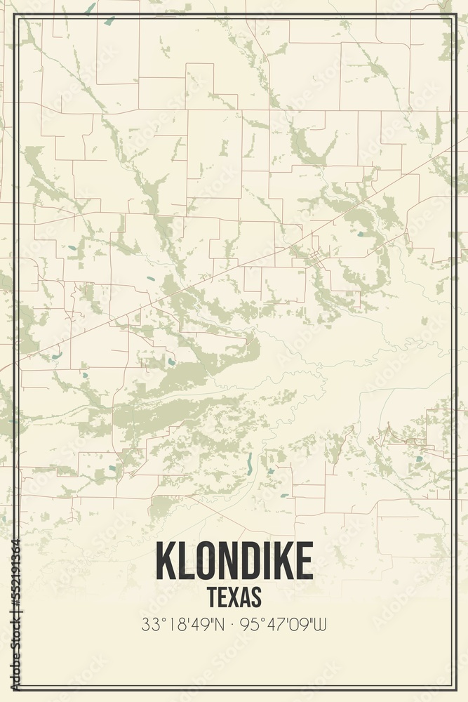 Retro US city map of Klondike, Texas. Vintage street map.