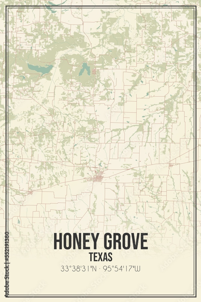 Retro US city map of Honey Grove, Texas. Vintage street map.