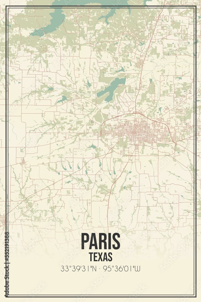 Retro US city map of Paris, Texas. Vintage street map.