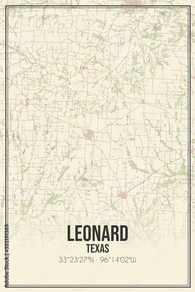 Retro US city map of Leonard, Texas. Vintage street map.