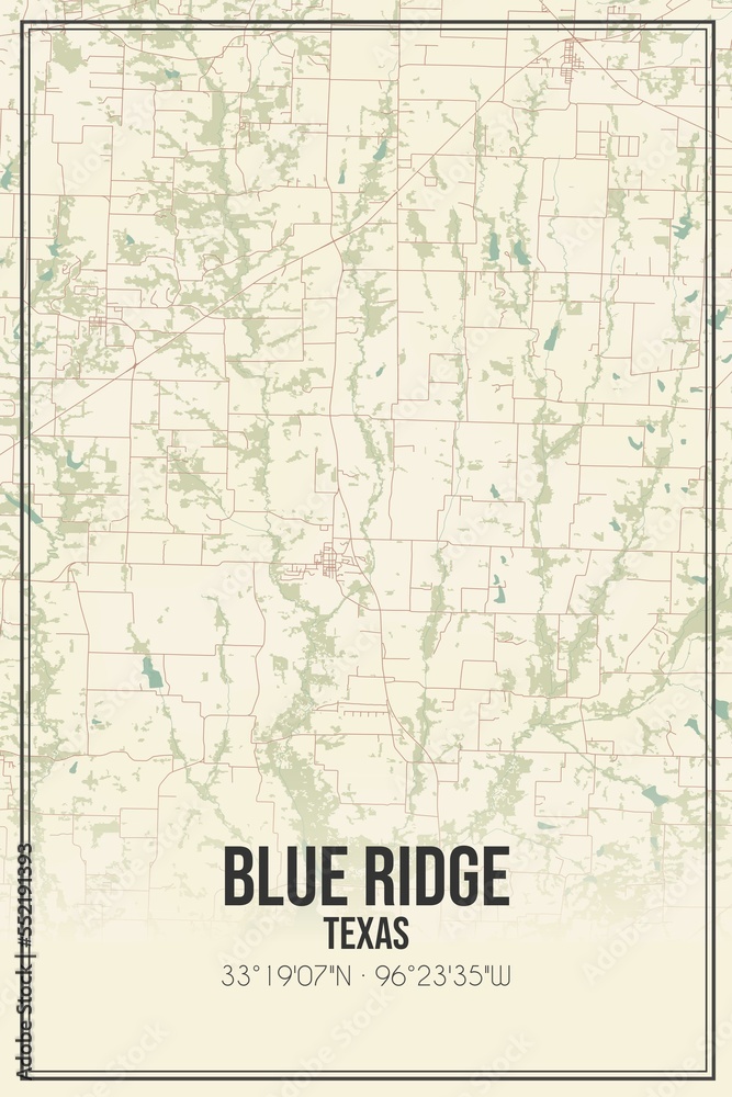 Retro US city map of Blue Ridge, Texas. Vintage street map.