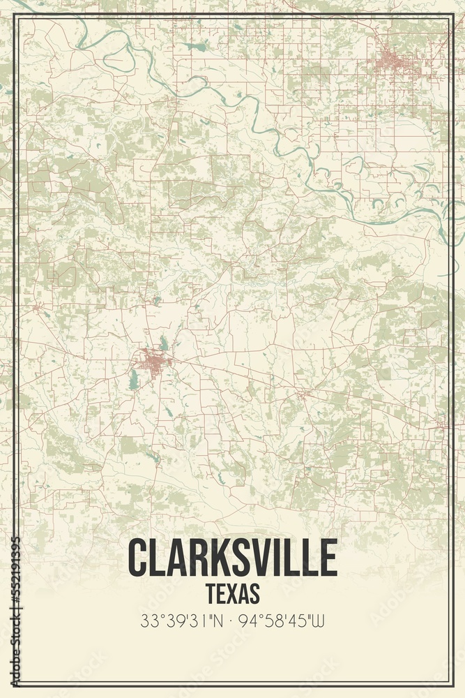 Retro US city map of Clarksville, Texas. Vintage street map.