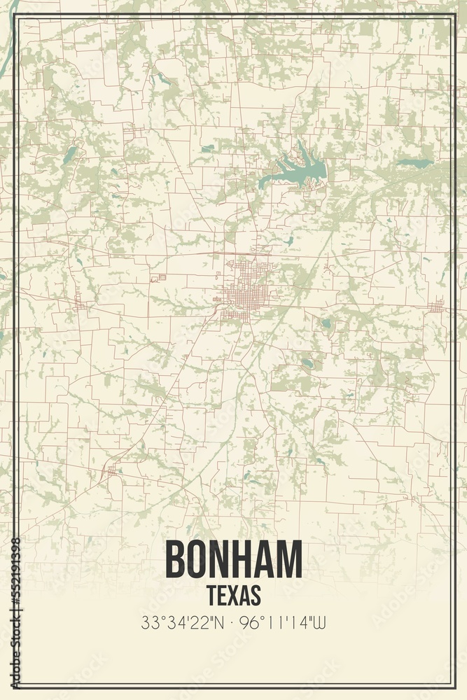 Retro US city map of Bonham, Texas. Vintage street map.
