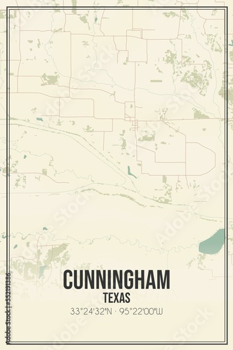 Retro US city map of Cunningham  Texas. Vintage street map.