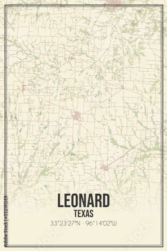 Foto Retro US city map of Leonard, Texas. Vintage street map.