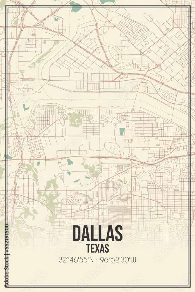 Retro US city map of Dallas, Texas. Vintage street map.