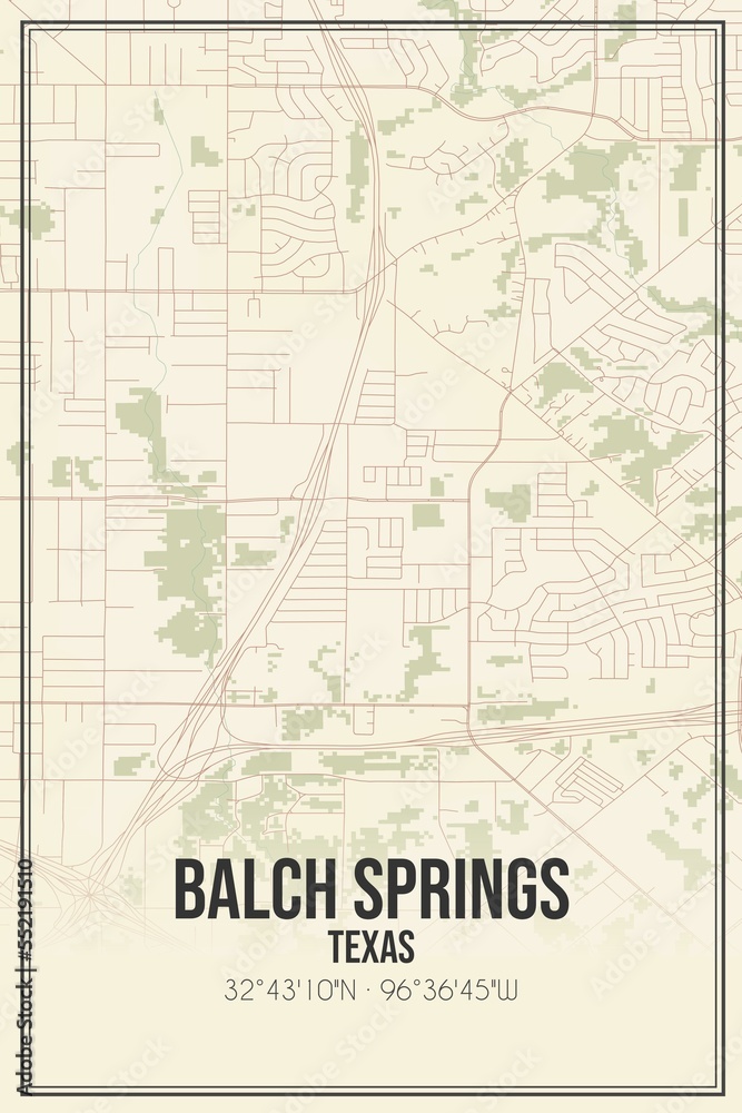 Retro US city map of Balch Springs, Texas. Vintage street map.