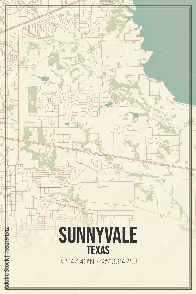 Retro US city map of Sunnyvale, Texas. Vintage street map.
