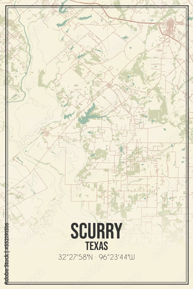 Retro US city map of Scurry, Texas. Vintage street map.