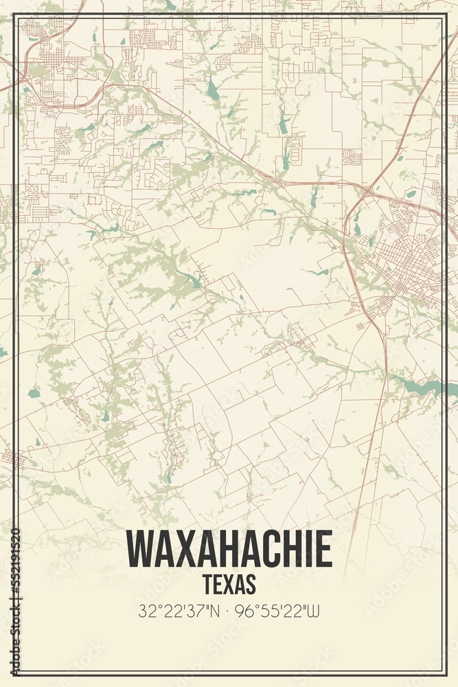 Retro US city map of Waxahachie, Texas. Vintage street map.