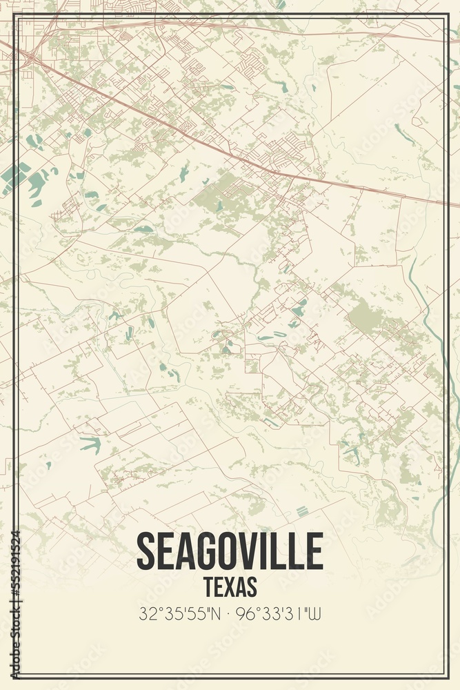 Retro US city map of Seagoville, Texas. Vintage street map.
