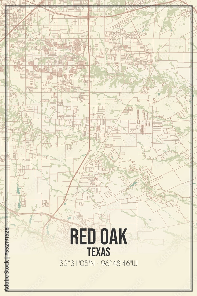 Retro US city map of Red Oak, Texas. Vintage street map.