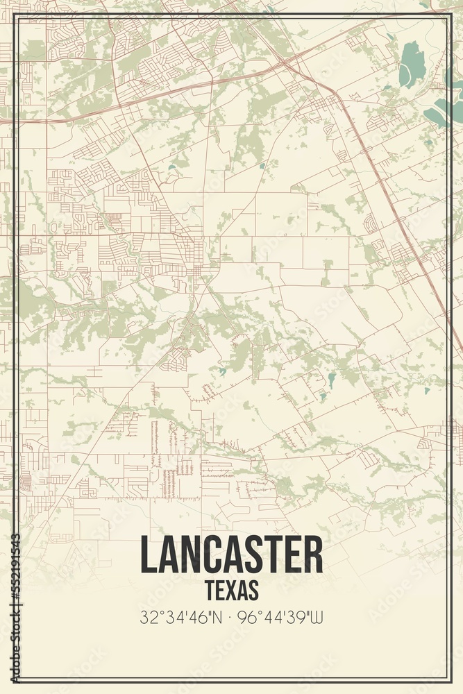 Retro US city map of Lancaster, Texas. Vintage street map.