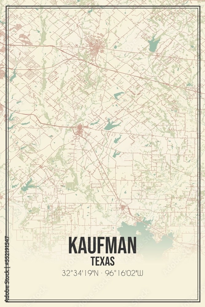 Retro US city map of Kaufman, Texas. Vintage street map.