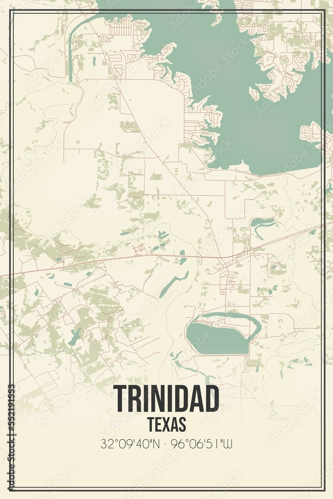 Retro US city map of Trinidad, Texas. Vintage street map.