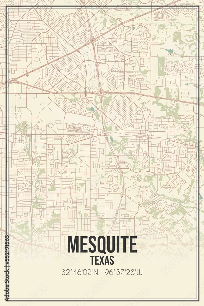 Retro US city map of Mesquite, Texas. Vintage street map.