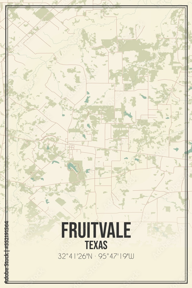 Retro US city map of Fruitvale, Texas. Vintage street map.