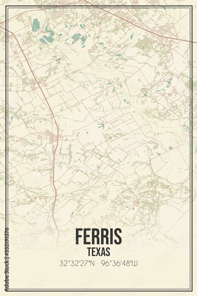Retro US city map of Ferris, Texas. Vintage street map.
