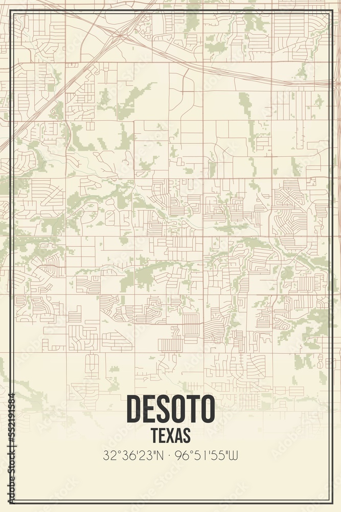 Retro US city map of Desoto, Texas. Vintage street map.