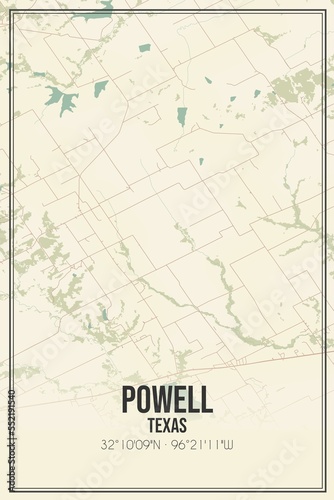 Retro US city map of Powell  Texas. Vintage street map.
