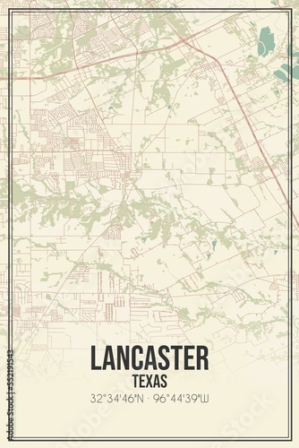 Retro US city map of Lancaster, Texas. Vintage street map. photo