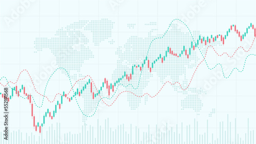 Candlestick chart, line graph and bar chart. World stock market index graph