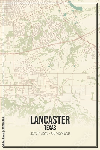 Retro US city map of Lancaster, Texas. Vintage street map. photo