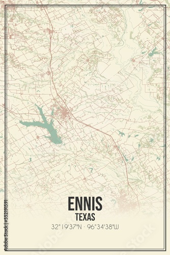 Retro US city map of Ennis, Texas. Vintage street map.
