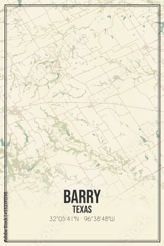 Retro US city map of Barry  Texas. Vintage street map.
