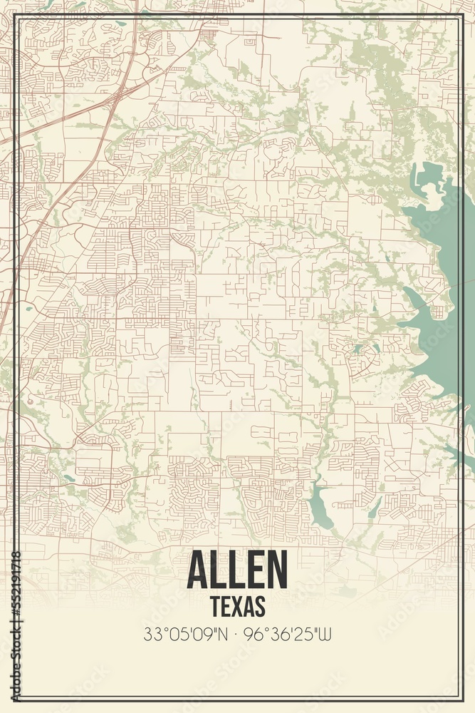 Retro US city map of Allen, Texas. Vintage street map.
