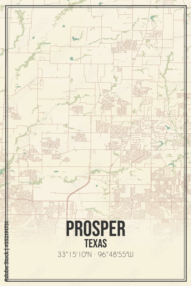 Retro US city map of Prosper, Texas. Vintage street map.