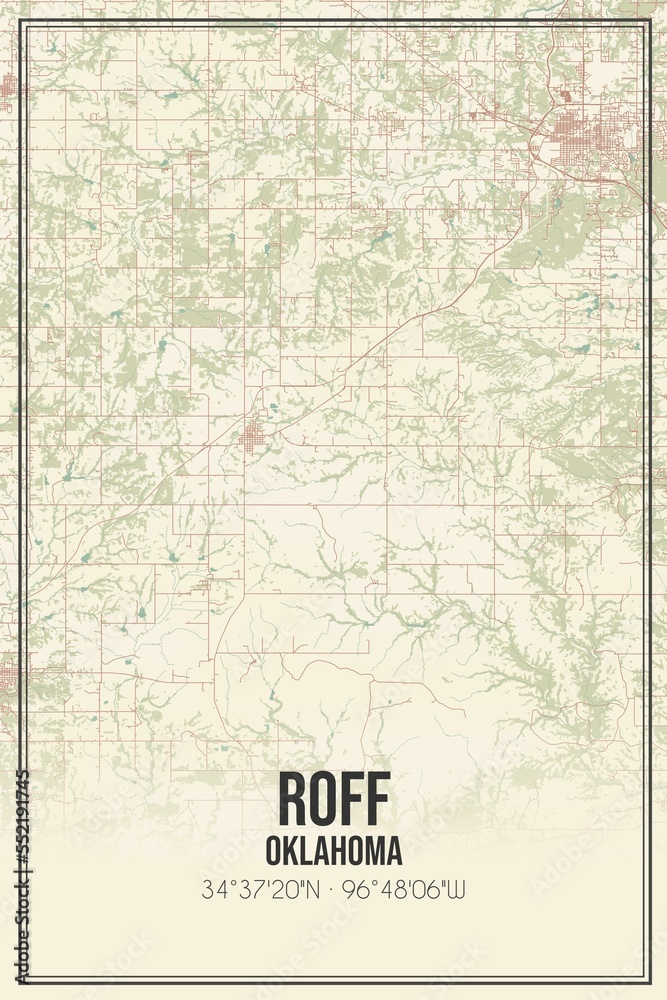 Retro US city map of Roff, Oklahoma. Vintage street map.