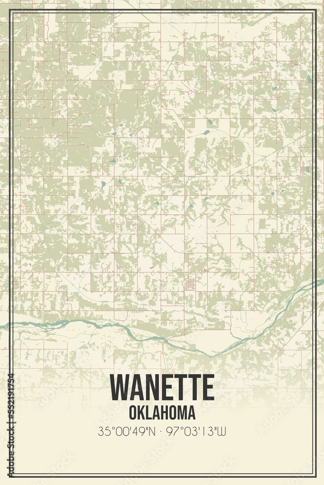 Retro US city map of Wanette, Oklahoma. Vintage street map.
