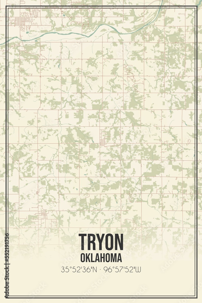 Retro US city map of Tryon, Oklahoma. Vintage street map.
