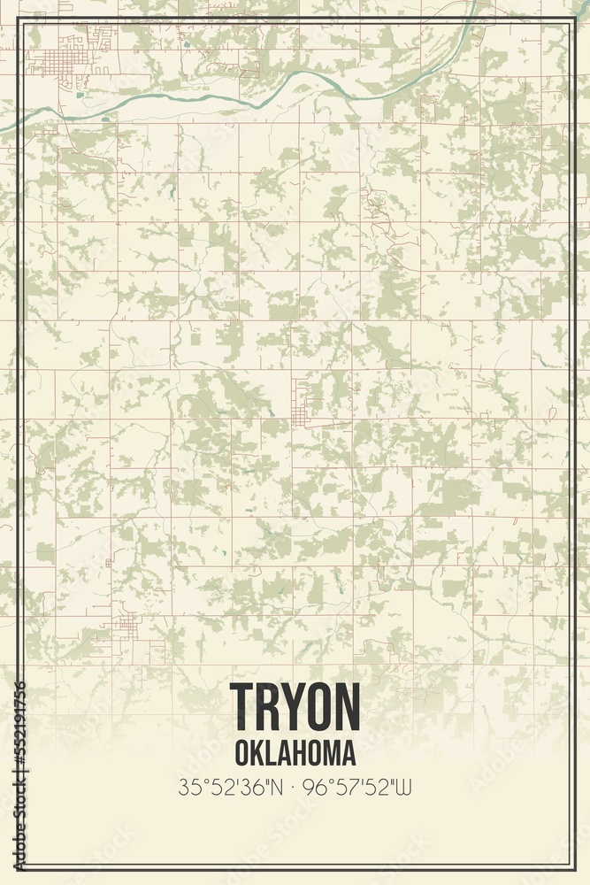 Retro US city map of Tryon, Oklahoma. Vintage street map. Stock