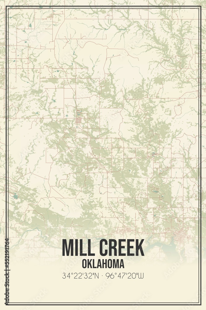 Retro US city map of Mill Creek, Oklahoma. Vintage street map.