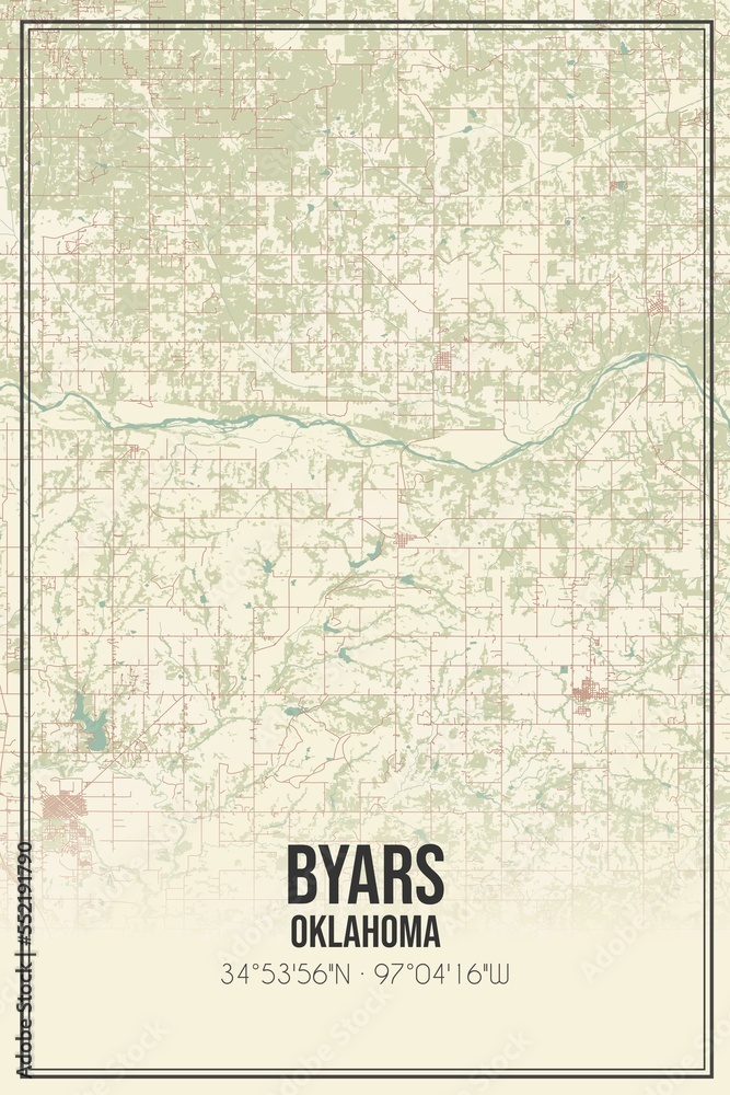 Retro US city map of Byars, Oklahoma. Vintage street map.