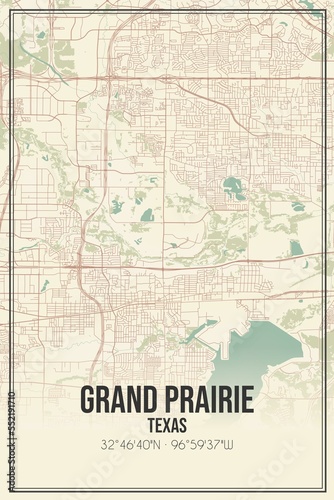 Retro US city map of Grand Prairie  Texas. Vintage street map.