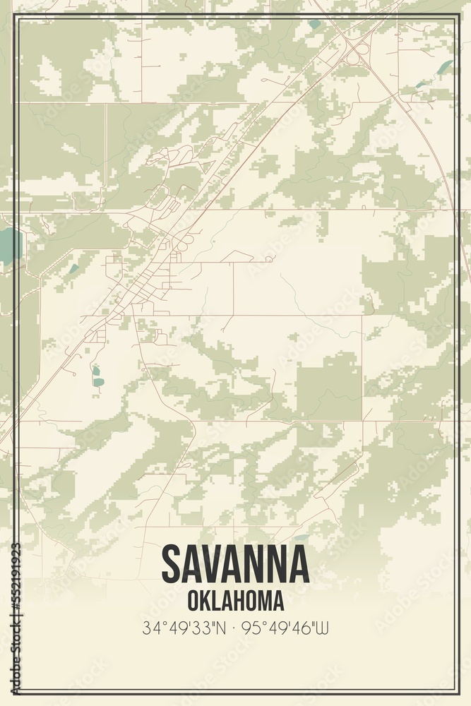 Retro US city map of Savanna, Oklahoma. Vintage street map.