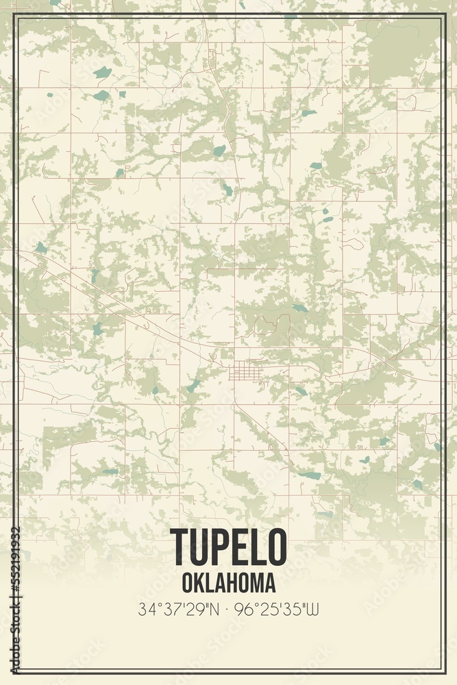 Retro US city map of Tupelo, Oklahoma. Vintage street map.