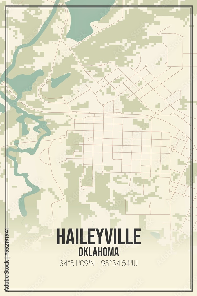 Retro US city map of Haileyville, Oklahoma. Vintage street map.