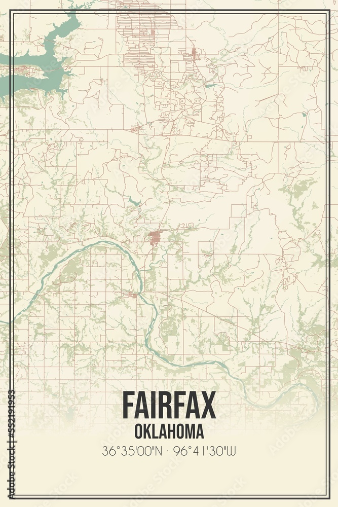 Retro US city map of Fairfax, Oklahoma. Vintage street map.