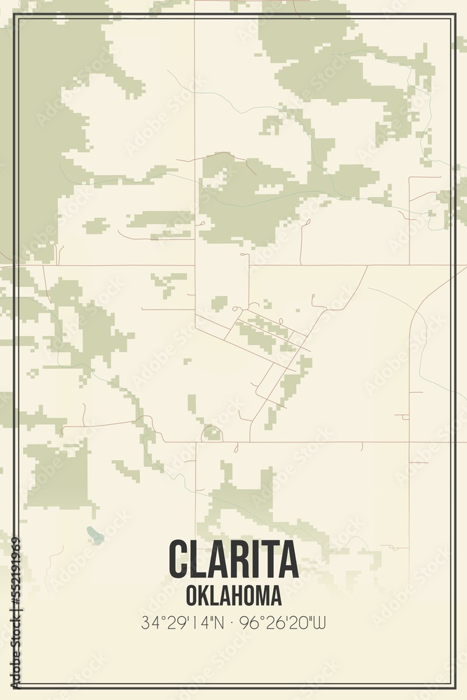 Retro US city map of Clarita, Oklahoma. Vintage street map.