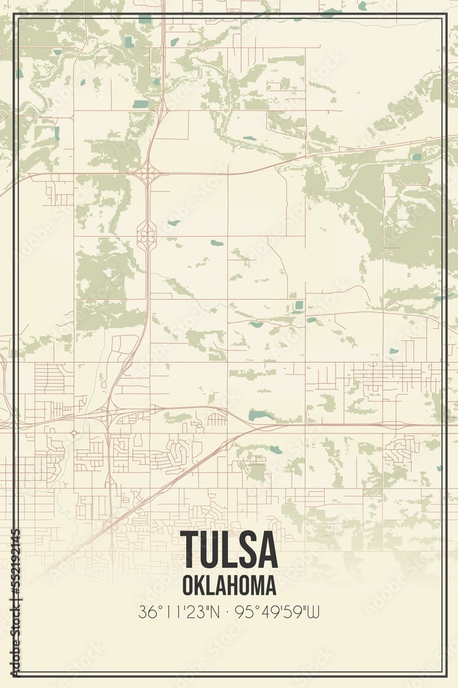 Retro US city map of Tulsa, Oklahoma. Vintage street map.