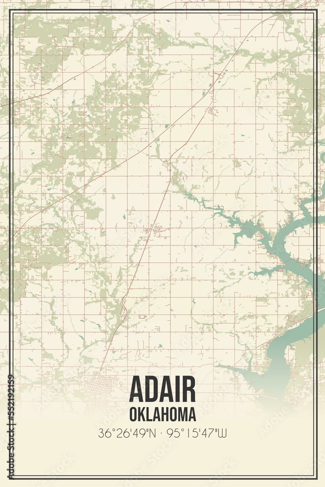 Retro US city map of Adair, Oklahoma. Vintage street map.