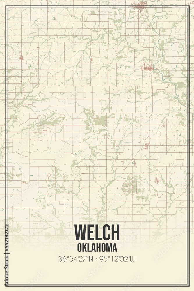Retro US city map of Welch, Oklahoma. Vintage street map.