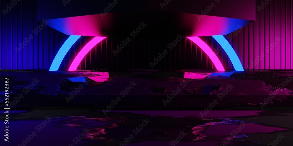 gaming background abstract wallpaper, cyberpunk style scifi game, neon glow of stage scene in pedestal room, 3d illustration rendering