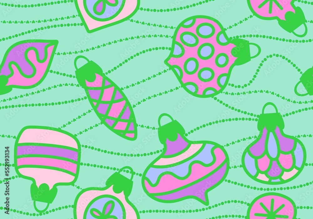 Cartoon Christmas tree balls seamless line art toys pattern for wrapping paper and fabrics and linens and kids
