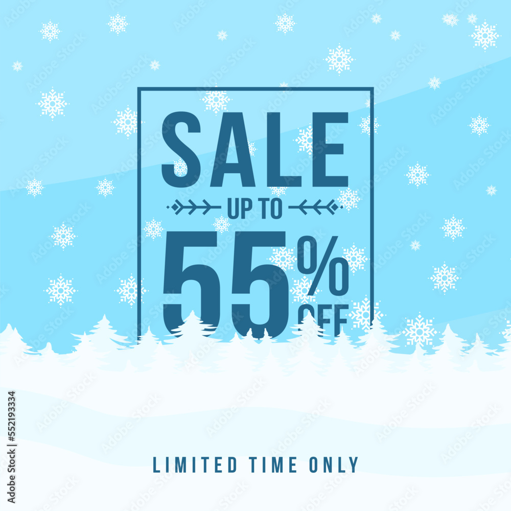Winter sale up to 55% off. Winter sale banner template design with up to 55 percent off. Super Sale, end of season special offer banner. vector illustration