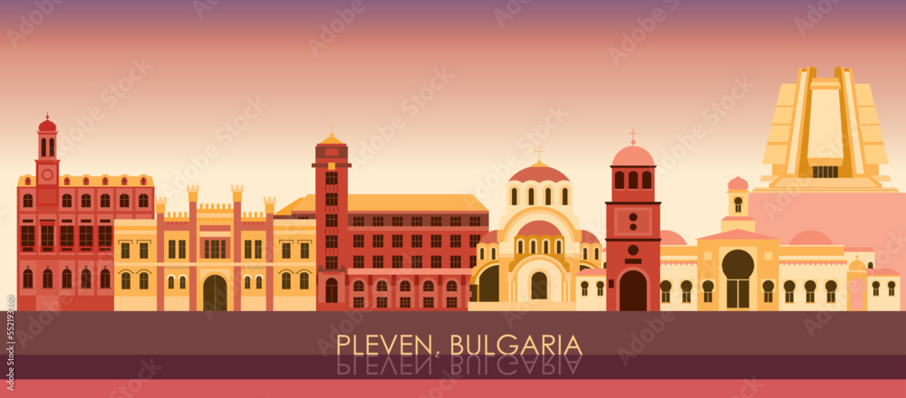 Sunset Skyline panorama of city of Pleven, Bulgaria - vector illustration